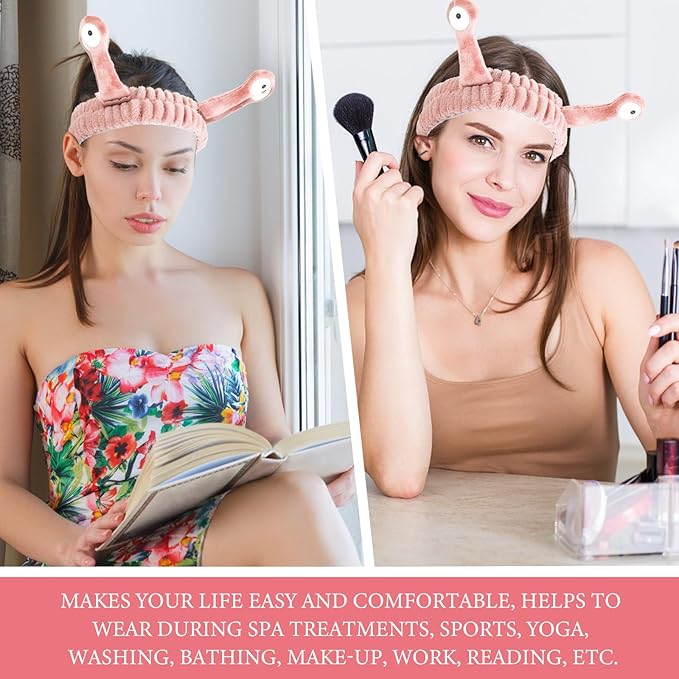 WLLHYF Spa Headband Facial Makeup Head Band Microfiber Soft Coral Fleece Head Wraps Snail Cartoon Cute Hair Accessories Elastic Skincare Hair Band for Women Girls Washing Face Beauty (Pink)