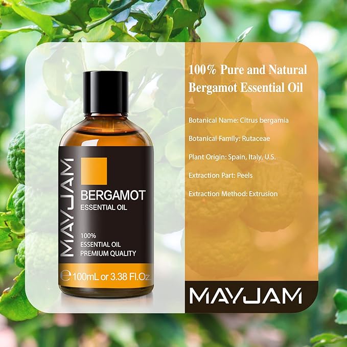 Bergamot Essential Oil, MAYJAM Premium Pure Essential Oils, 3.38FL.OZ Large Volume for Diffusers Soap Candle Making, Ideal for Home Office Car Yoga Use