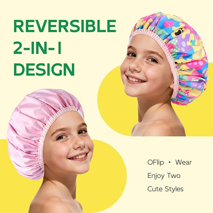 Years calm Kids Shower Cap, Waterproof Reusable Cartoon Bath Cap with Double Layers & Soft Elastic Band, Washable shower cap for kids, Great for Daily Bath(multi-colored, One Size)
