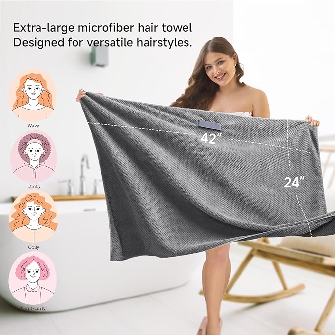 Microfiber Hair Towel Wrap for Women, Quick-Dry Turban, Ultra Absorbent & Anti-Frizz, Ideal for Long, Thick & Curly Hair, Soft Lightweight Drying Towel (24x42, Grey)