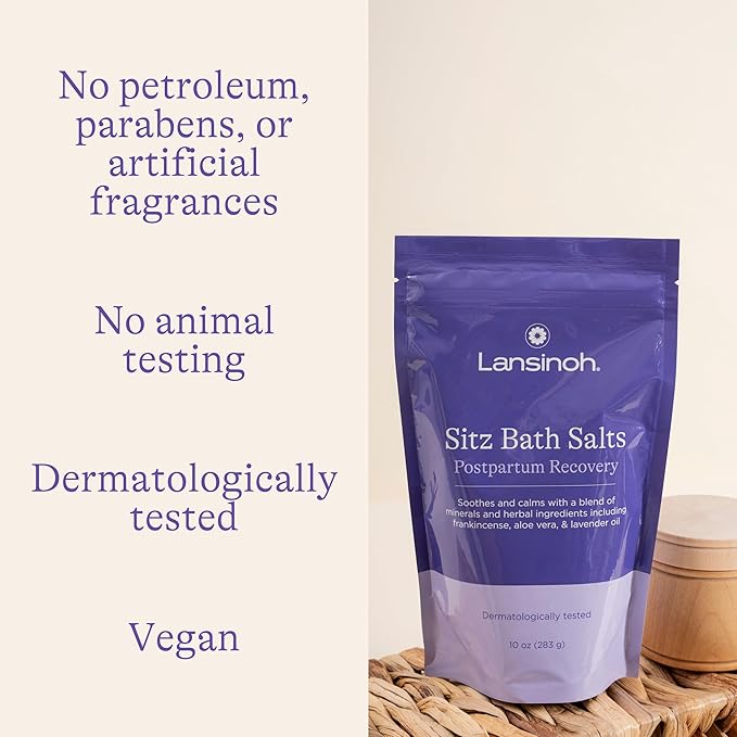 Lansinoh Sitz Bath Salts for Postpartum Care, Perineal Soak with Epsom Salt, Aloe Vera, Lavender & Frankincense Oil, 10 Ounces
