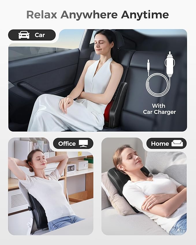 Boriwat Shiatsu Back Massager for Pain Relief Deep Tissue-Movable Electric Neck Back Massager with Heat- Rechargeable Cordless Massage Heated Lower Back Massage for Office/Home/Car-Gift for Men Women