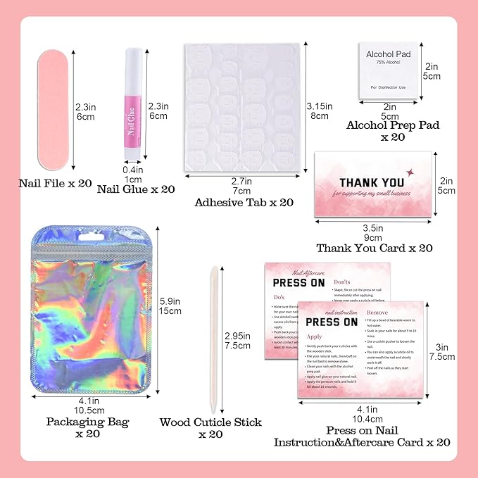Press On Nail Tool Kit for Nail Business, Nail Prep Application Disposable Kit with Nail File, Nail Glue, Prep Pads, Instruction Card, Adhesive Nail Tabs, Wood Stick, Holographic Bag (20pcs in Pink)