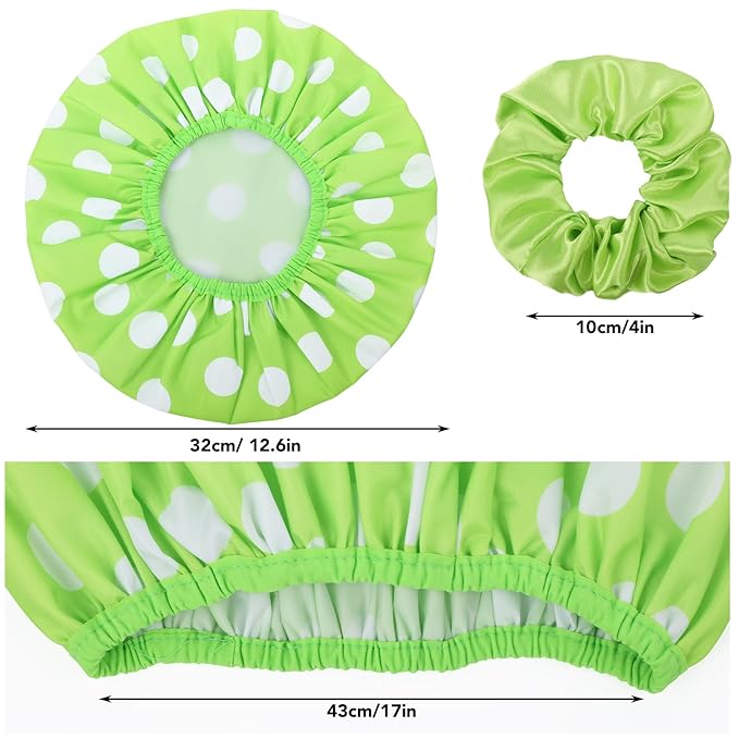 WSICSE 2 Packs Large Shower Caps for Women, Reusable Waterproof Shower Cap Bath Caps with Hair Scrunchies for Long Thick Hair (Cyan/Yellow)