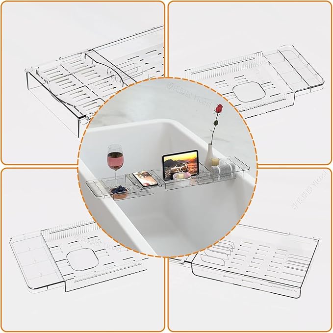 Expandable Bathtub Trays for Tub,Acrylic Bath Shelf Over Tub,with Non-Slip Design iPad Holder for Books Phone，Suitable for Bathtubs with an Internal Width of up to 28 Inch