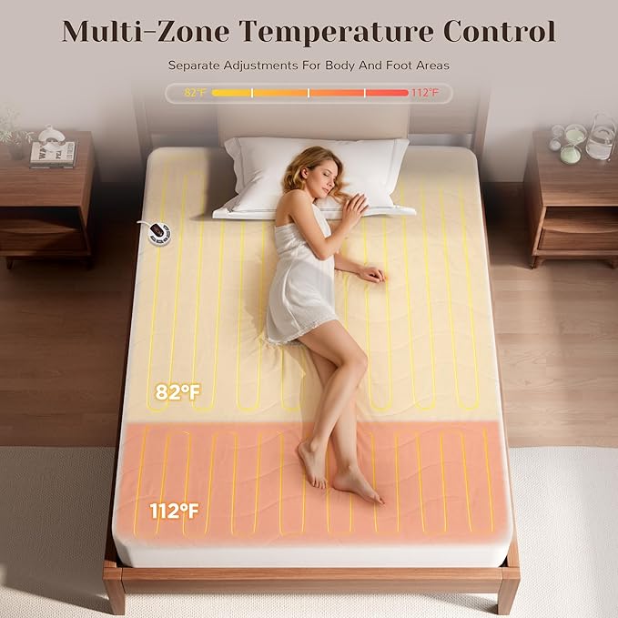 GOTCOZY Multi-Zone Heated Mattress Pad Full Size - Electric Mattress Pad Fit up to 15" with 10 Heat Setting & 12 Hour Auto Off, Independent Body & Feet Heating, Machine Washable（Bleach）