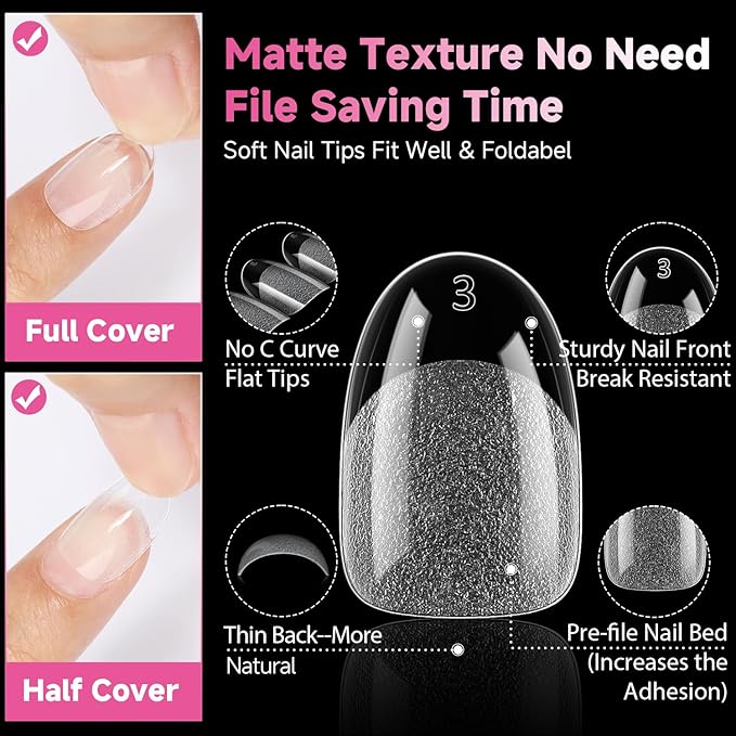 UNA GELLA Short Oval Round Nail Tips Pre Etched Short Oval Gel Nail Tips Soft Gel Full Cover Press on Nails for Nails Extension Art DIY Salon 216Pcs 12 Sizes