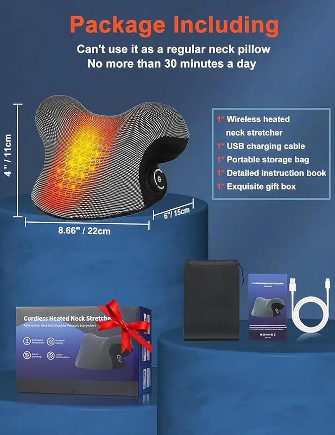 Wireless Heated Neck Stretcher for Pain Relief, Portable Cordless Neck Shoulder Cervical Traction Device with Graphene Heating Pad No Smell Magnetic Therapy Case Relaxer for Spine Alignme