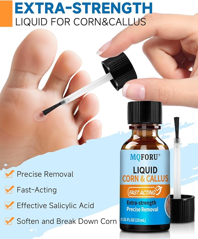 MQFORU Liquid Corn & Callus Removers for Toes & Feet, Extra Strength Corn Removal Fast Acting, 0.5 Fl oz + 15 Corn Cushions + 10 Swabs, Effective Foot Care Solution