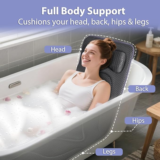 Poemland Full Body Bath Pillow for Tub -Soft Bathtub Pillow for Full Back, Head and Neck Support, Quick Dry Bath Cushion, Tub Pillow with 168 Suction Cups, Bathtub Accessories for Gift