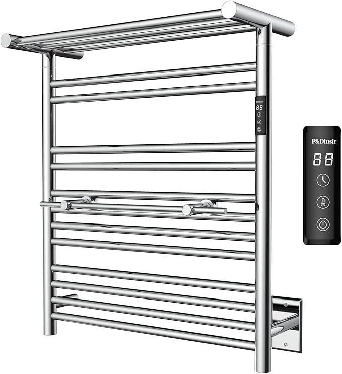 P&Dlusir Heated Towel Warmer with Top Shelf, Heated Towel Rack for Bathroom, H 27.56" x W 23.62", Wall Mounted Towel Warmer Rack, Hard-Wired/Plug-in, Polished
