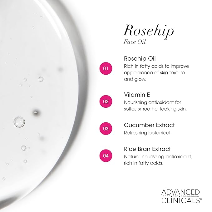 Advanced Clinicals Rosehip Oil For Face With Vitamin E + Botanicals Helps Improve Look Of Dark Spots, Wrinkles, Fine Lines, & Uneven Looking Skin Tone | Moisturizing Skin Care Face Serum, 2-Pack