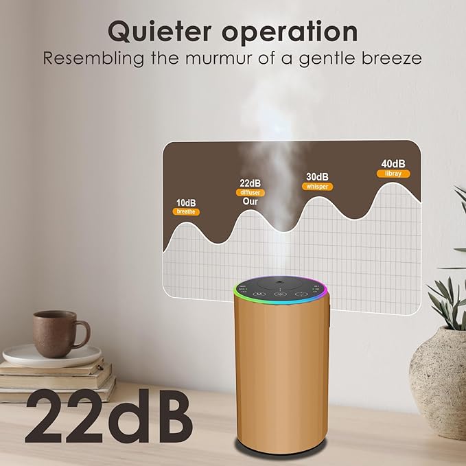 Waterless Essential Oil Diffuser, 7 Colors LED Light, Battery Powered Mini Scent Air Machine, Aromatherapy Mist Diffuser for Home Room Car Office，Black Aluminum Alloy (Black) (Gold)