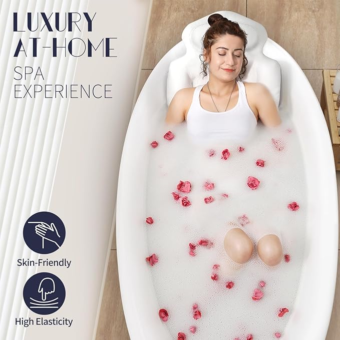 Full Body Bath Pillow for Tub, Thick Bathtub Cushion Mat with Neck, Back & Lumbar Support - Luxury Spa Bathroom Accessories, White