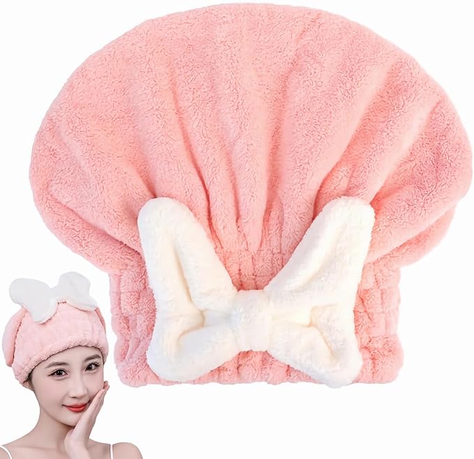 Microfiber Hair Drying Cap,Ultra Absorbent Hair Towel Wrap Turban for Girls Women Soft Quick Dry Hair Towels with Bow Tie Shower Cap for Kids (Pink)