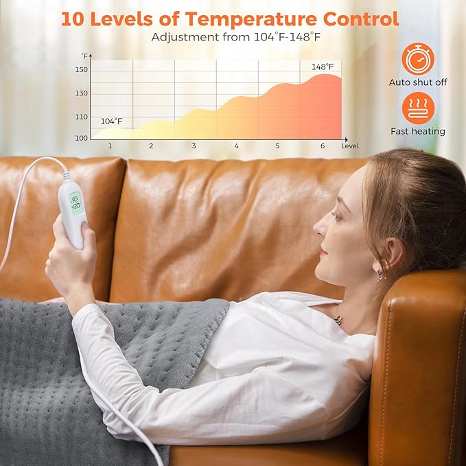 NOWWISH Heating Pad for Back Pain Relief & Period Cramps, 12x24 Inches Electric Heating Pad with 10 Heat Settings, Timer and Auto Shut-Off, Machine Washable, Mothers Day Gifts for Mom Women, Grey