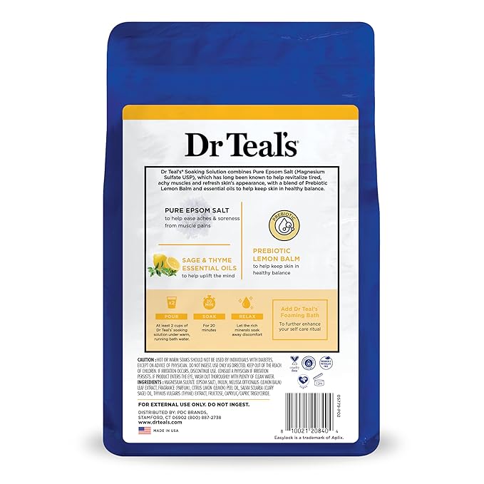 Dr Teal's Pure Epsom Magnesium Salt Soak, Prebiotic Lemon Balm & Essential Oil, 3 lbs (Pack of 4)