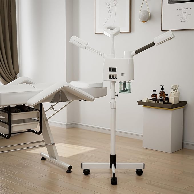 Paddie Professional 3 in 1 Facial Steamer on Wheels for Esthetician, Hot & Cold Mist, 5X LED Magnifying Lamp, White