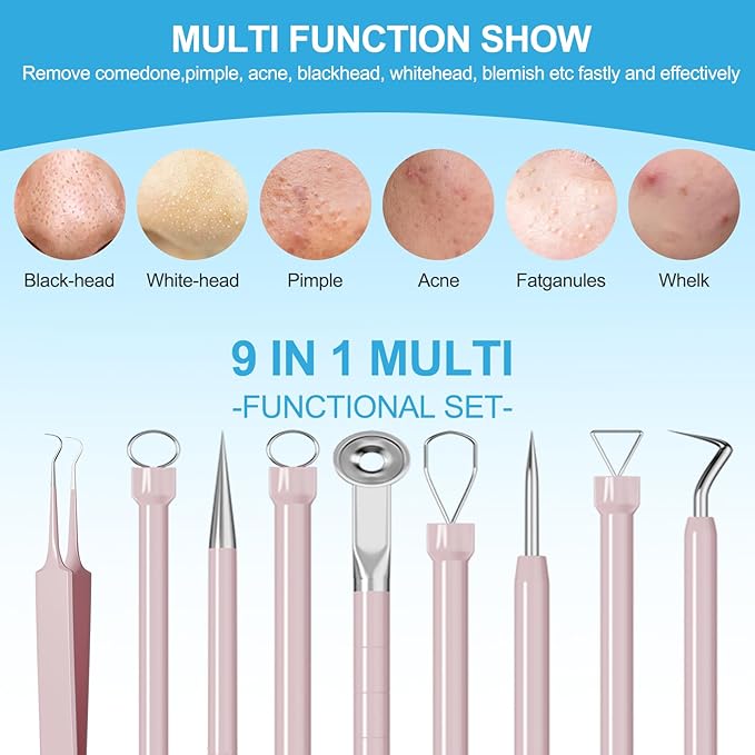 Pimple Popper Tool Kit Blackhead Remover Tools (5 Piece Kit), Professional Stainless Black Head Remover for face, Risk Free Treatment Pimple Extractor with Tweezers