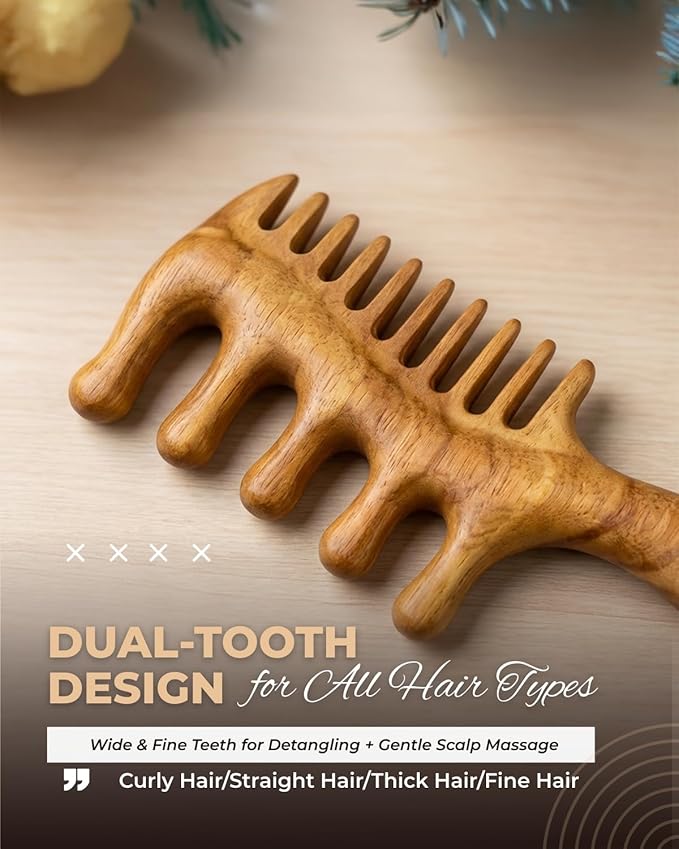 Wooden Scalp Massager Comb – Natural Wood Wide & Fine Tooth Hair Comb with Handle – Hair Massager Comb for Hair Growth, Scalp Care & Stress Relief – Detangling Tool for All Hair Types
