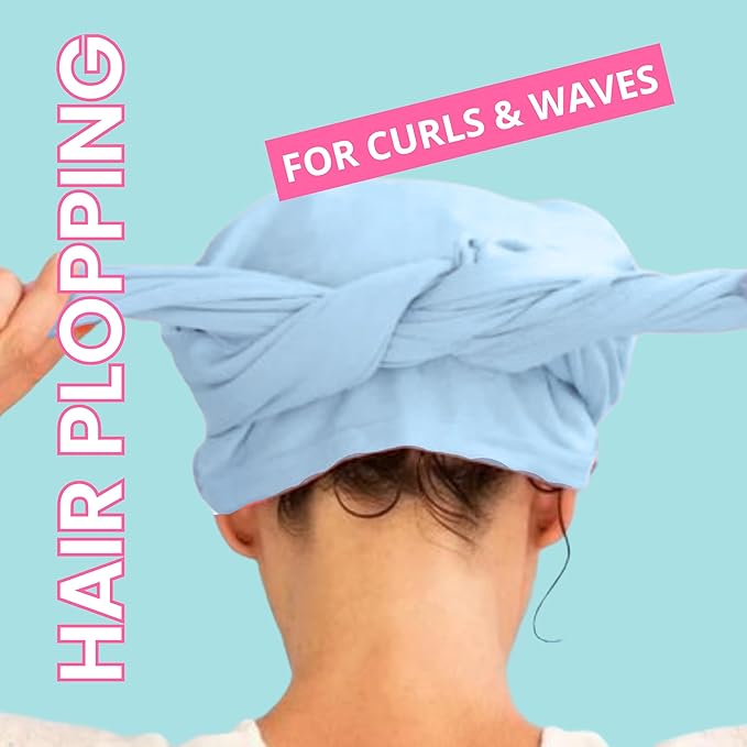 OOF! Halo T-Shirt Hair Towel | 100% Cotton Jersey Knit w/MoistureLock | No Microfiber | Reduce Cuticle Friction, Frizz & Breakage | Plopping Towel for Curly Hair | All Hair Types (Cotton Candy Blue)