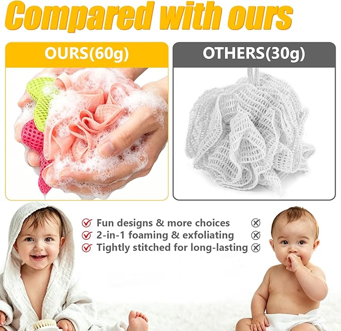 Kids Loofah, Cute Cartoon Animal Kids Bath Sponge with Hanging Rope, Soft Double Mesh for Rich Lather (Little Orange Rabbit)