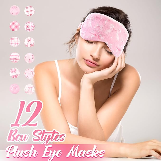 Cuffbow 12 Pcs Plush Sleeping Eye Masks Bulk Comfortable Sleep Eye Cover Mask for Kids Women Men Soft Furry Blindfold Faux Fur Shade for Travel Nap Sleepover Party Supplies (Bow)