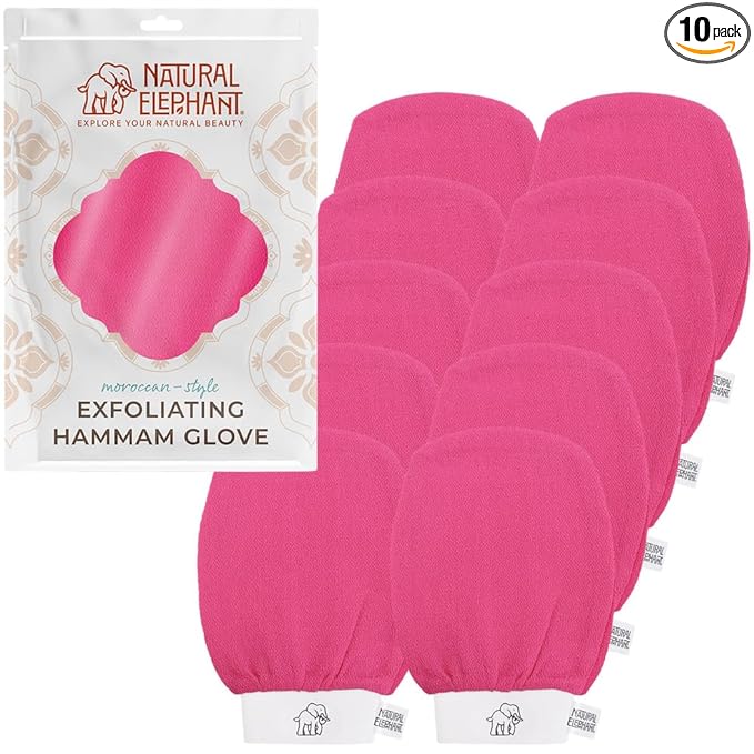 Natural Elephant Exfoliating Hammam Glove - Face and Body Exfoliator Mitt 5 and 10 Packs (Pink Tulip (Pack of 10))