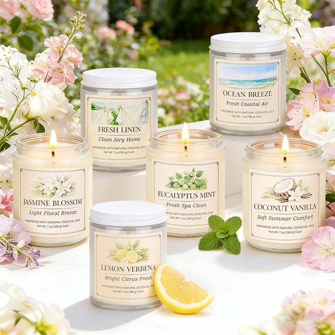 Scented Candles Gift Set for Women, 6 Pack Aromatherapy Soy Candles for Home, Coconut Vanilla, Lemon Verbena, Fresh Linen, Ocean Breeze, Eucalyptus Mint & Jasmine Blossom