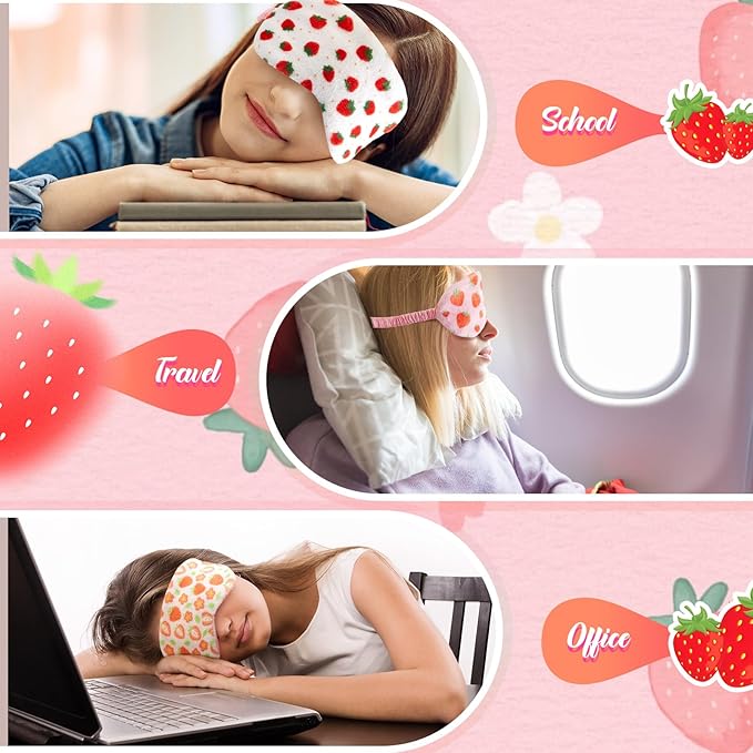 Cuffbow 6 Pack Plush Sleep Mask Set, Cute Plush Eye Masks for Sleeping, Soft Comfortable Travel Nap Blindfold, Sleepover Party Favors for Women(Strawberry,Pink)