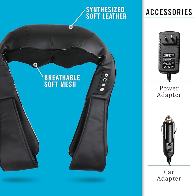 Daiwa Felicity Shiatsu Neck & Back Massager with Heat - Deep Tissue Pain Relief for Shoulder with 8 3D Kneading Nodes - Electric Full Body Massage, Ergonomic, Portable, Includes Power/Car Adapter