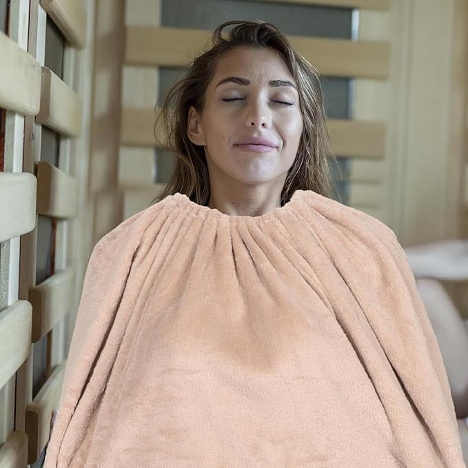 Thick Fleece Sauna Blanket Wrap with Coral Fleece Fabric Full Body Wearable Steam Sauna Robe Khaki Color 130cm Length