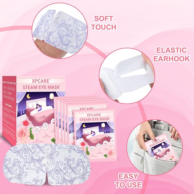XPCARE 24 Pack Steam Eye Masks for Dry Eyes, SPA Warm Sleep Eye Mask, Disposable Heated Eye Mask for Dark Circles, Puffy Eyes, Relief Stress Eye Fatigue(Rose)