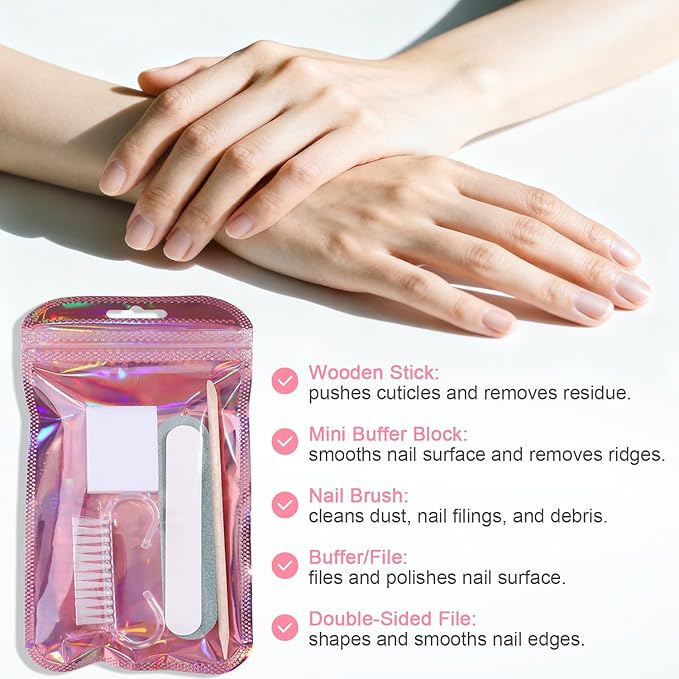 5-Piece Disposable Manicure Kit, Bulk Mini Nail Care Set with Nail Files, Buffer, Cuticle Pusher & Cleaning Brush, Pedicure Salon Supplies, Party Favors, Limas Desechables para Uñas