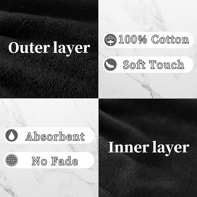 VOOVA & MOVAS Black Washcloths for Body 6PC, 8.3"x6.3" - 100% Cotton,Soft Absorbent Bath Mitt Wash Cloths with Hanging Loop, Bath Mitts for Shower