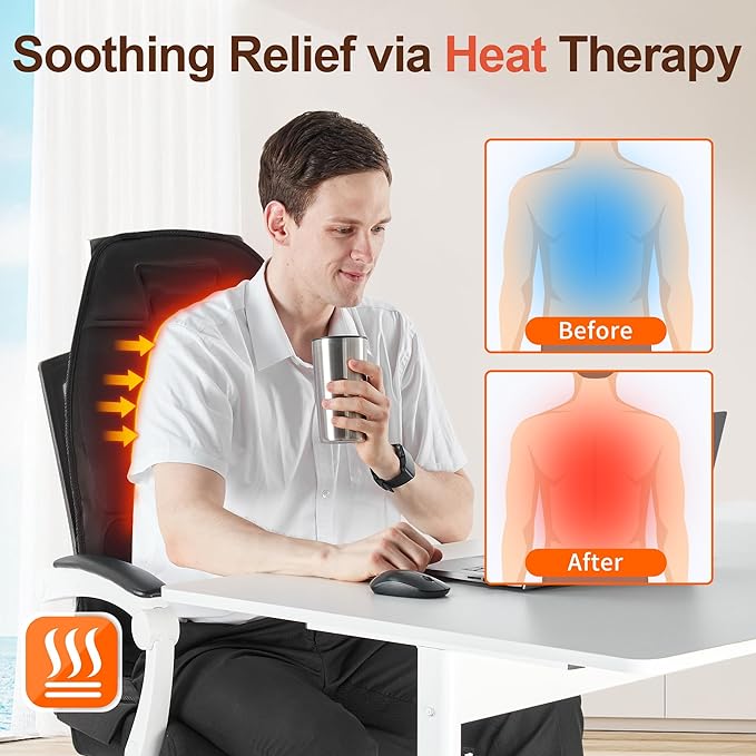 Back Massager with Heat, Cooling Back Massager for Chair, Chair Massager for Full Body Massage, Deep Tissue Vibration Pad with 6 Vibration Nodes, Jet-Black