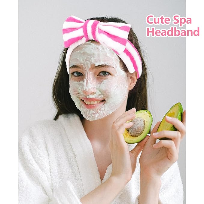 Ondder 8 Pcs Striped Spa Terry Cloth Headbands - Face Wash, Skincare, and Makeup Headbands with Cute Bow for Women
