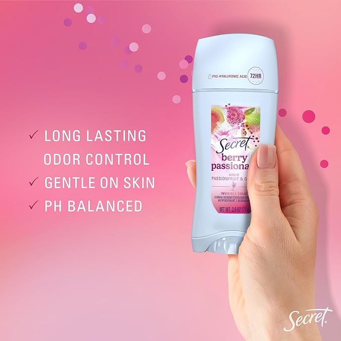 Secret Fresh Antiperspirant Deodorant for Women, 72hr Freshness on the Rocks with Pro-Hyaluronic Acid, Miami Mocktail Edition, Invisible Solid, Berry Passionate with Passionfruit & Guava Scent, 2.6 oz