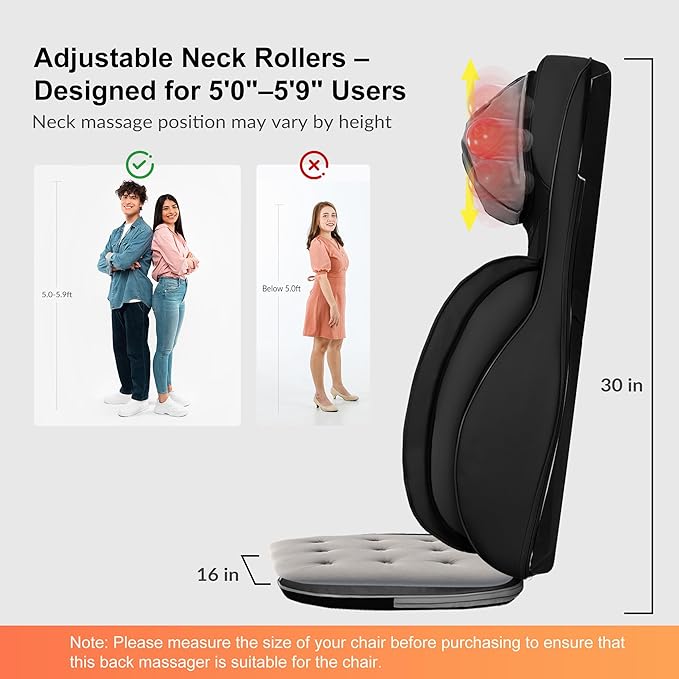 Snailax Shiatsu Neck and Back Massager with Heat, Adjustable-Height Neck Massager Rollers Massage Chiar Pad with Vibration, Chair Seat Massager for Home, Office, Gifts for Men, Women