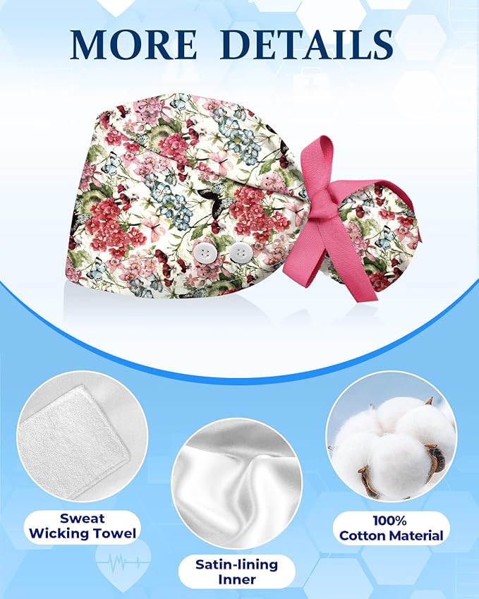 Plifal 100% Cotton Scrub Cap with Buttons-Nurse Cap with Sweatband for Women, Adjustable Working Hat,Satin Lined or Unlined