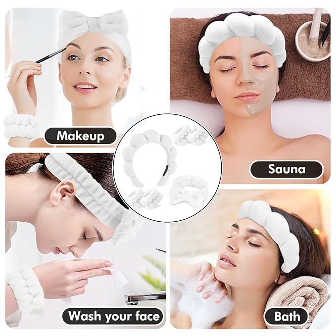 Zkptops 6Pcs Spa Headband for Washing Face Wristbands Set Women Bubble Makeup Sponge Terry Cloth Padded Puffy Skincare Headband Bow Tie Hairband Cute Non Slip Thick Hair Accessory Gifts (White)