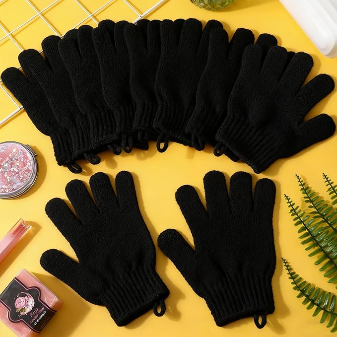 FoldTier 200 Pcs Exfoliating Gloves Bulk for Shower Body Double Sided Gloves Exfoliating Bath Mitt with Hanging Loop Bath for Women Men Bathing Skin Scrubber Accessories Beauty Spa (Black)