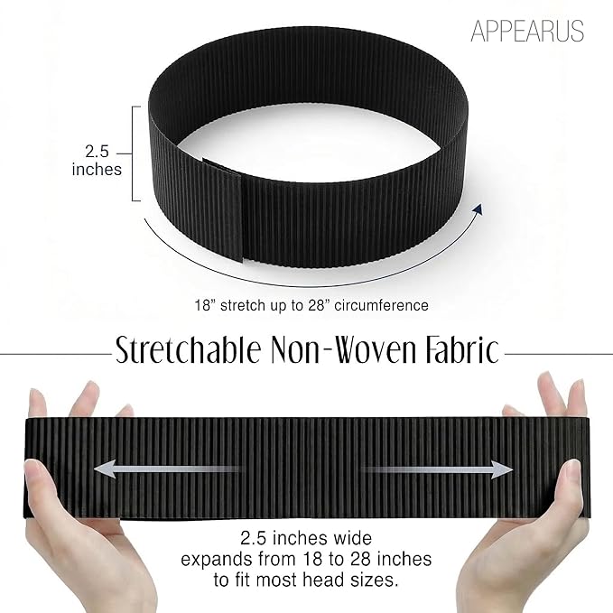 APPEARUS Disposable Stretch Facial Headbands, 100 Count, Snag-Free Adhesive Tab Closure, Spa, Estheticians, Waxing and Lash Extensions, Black