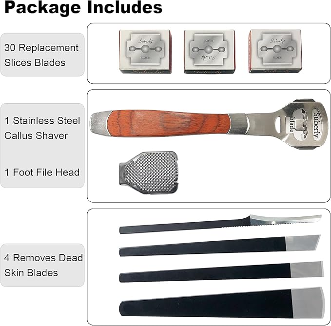 36 Pcs Callus Shaver for Feet Set, Foot Callus Shaver, (1 Stainless Foot File &1 Foot File Heads & 4 Pedicure Knife & 30 Replacement Slices Blades)