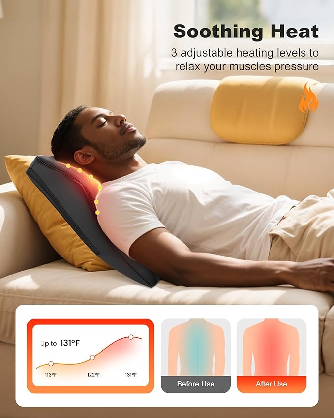 Snailax Shiatsu Back Massager with Heat Vibration, Rechargeable Cordless Neck Back Massager for Pain Relief Deep Tissue, 4D Deep Kneading Back Massage Pillow, Gifts for Mom Dad-Home Office Use
