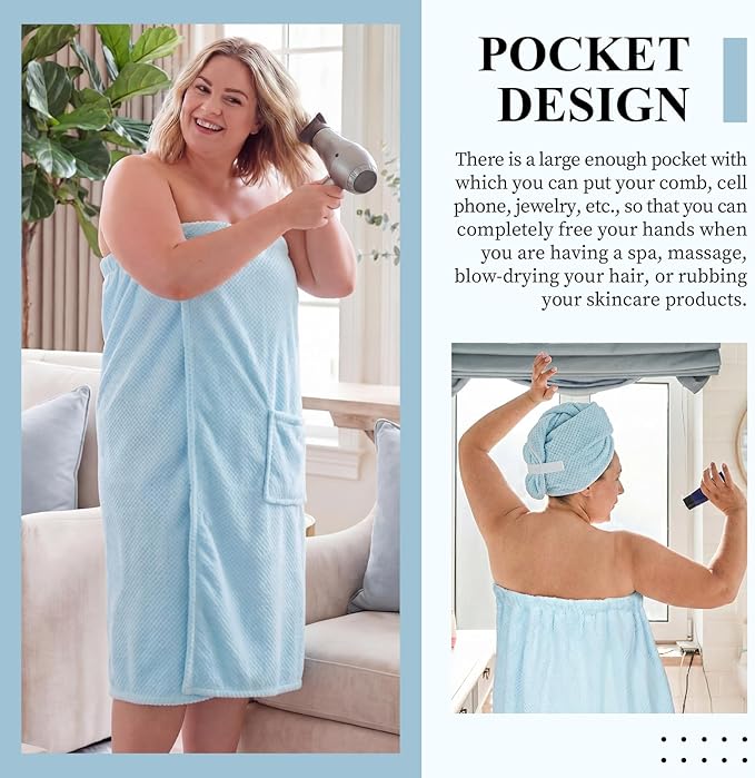 Tigeen Plus Size Towel Wrap for Women Spa Robe Set with Shower Hair Drying Turban Cap Towel Headband Adjustable Bathrobe
