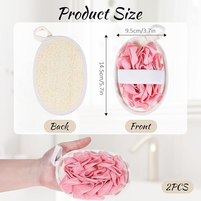 Jeffdad 2Pcs Natural Loofah Sponge, Premium Exfoliating Body Scrubber for Women & Men Ideal Shower Scrubber for Body Perfect for Exfoliation, Cleansing, and Gentle Skin Care(Pink)