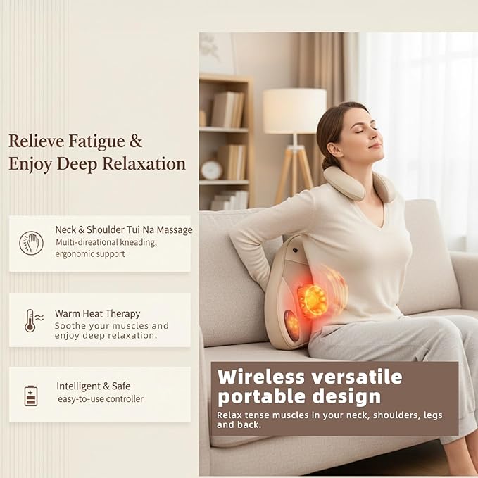 Back Massager with Heat, 4D Shiatsu Kneading Deep Tissue Electric Massager for Neck Shoulder Leg Back Pain Relief, Portable Rechargeable Cordless for Home Office Car, Gift for Men Women Mom Dad