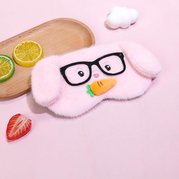 PERFECTSIGHT Sleep Eye Masks, Cute Plush Sleep Eye Cover Lightweight Adjustable Eyeshade Faux Fur Mask Cover for Women Men Kids Sleep Travel Nap, Glasses Bunny