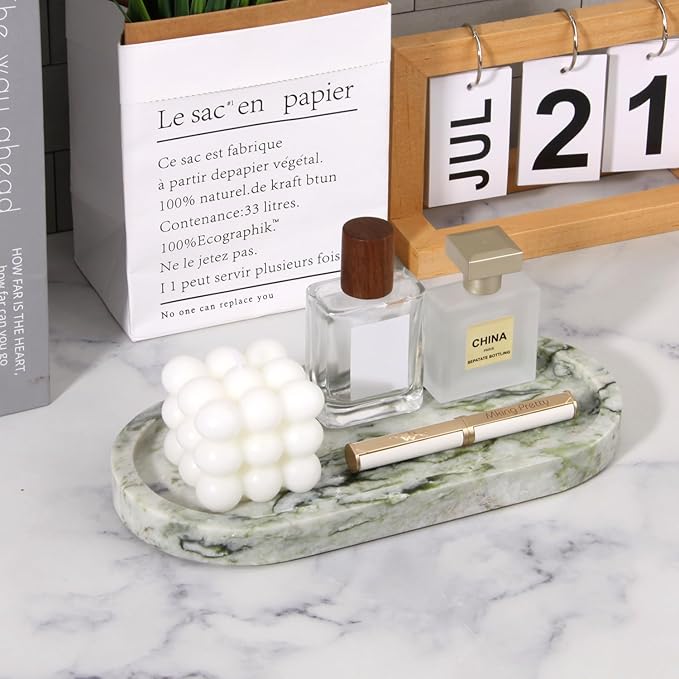 Natural Marble Tray Oval, Bathroom Vanity Tray for Countertop, Elegant Stone Decorative Organizer for Perfume, Jewelry, Home Decor (1, Green Emerald, 10 x 5 x 0.6)